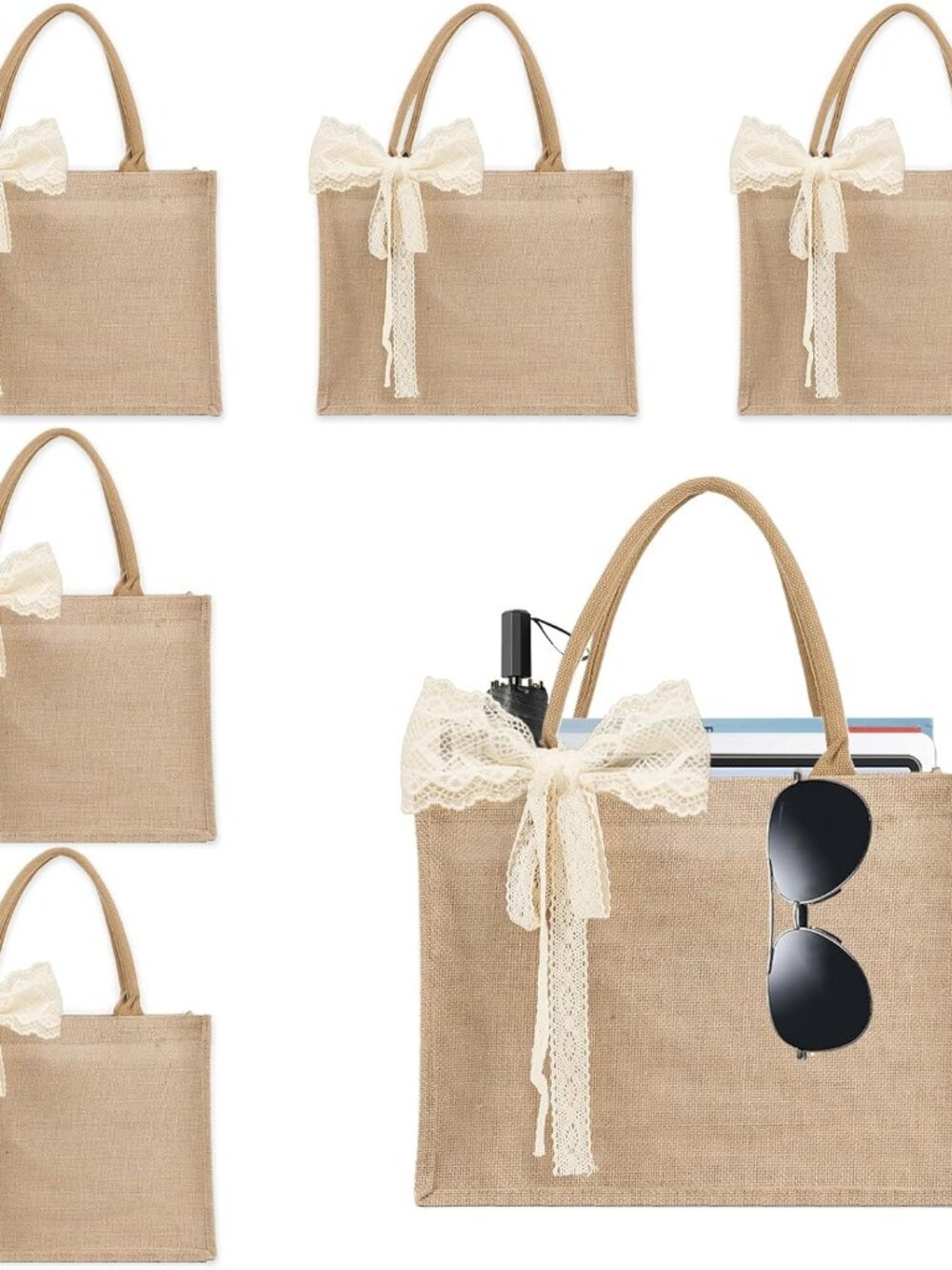 6pcs Burlap Tote Bag with Handles, Waterproof Reusable Summer Bags with Ribbon L